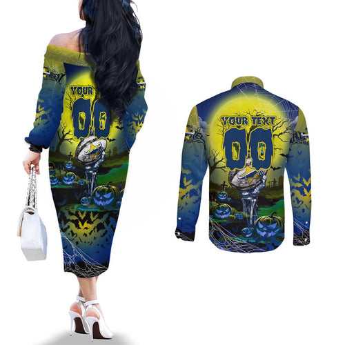 We Are Cowboys Halloween Couples Matching Off The Shoulder Long Sleeve Dress and Long Sleeve Button Shirt Pumpkin Scary Spooky Season - Aussie Hoodie