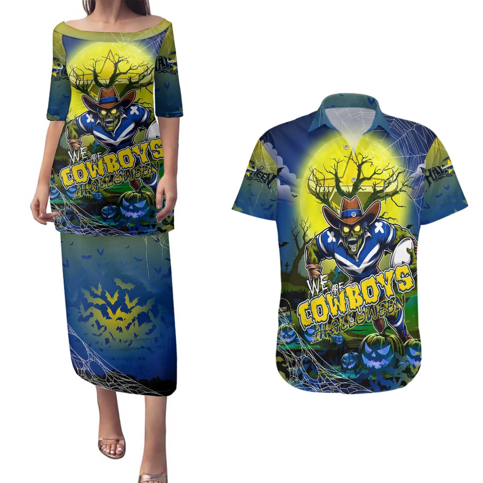 We Are Cowboys Halloween Couples Matching Puletasi and Hawaiian Shirt Pumpkin Scary Spooky Season - Aussie Hoodie