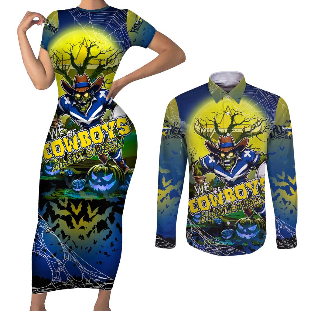 We Are Cowboys Halloween Couples Matching Short Sleeve Bodycon Dress and Long Sleeve Button Shirt Pumpkin Scary Spooky Season - Aussie Hoodie