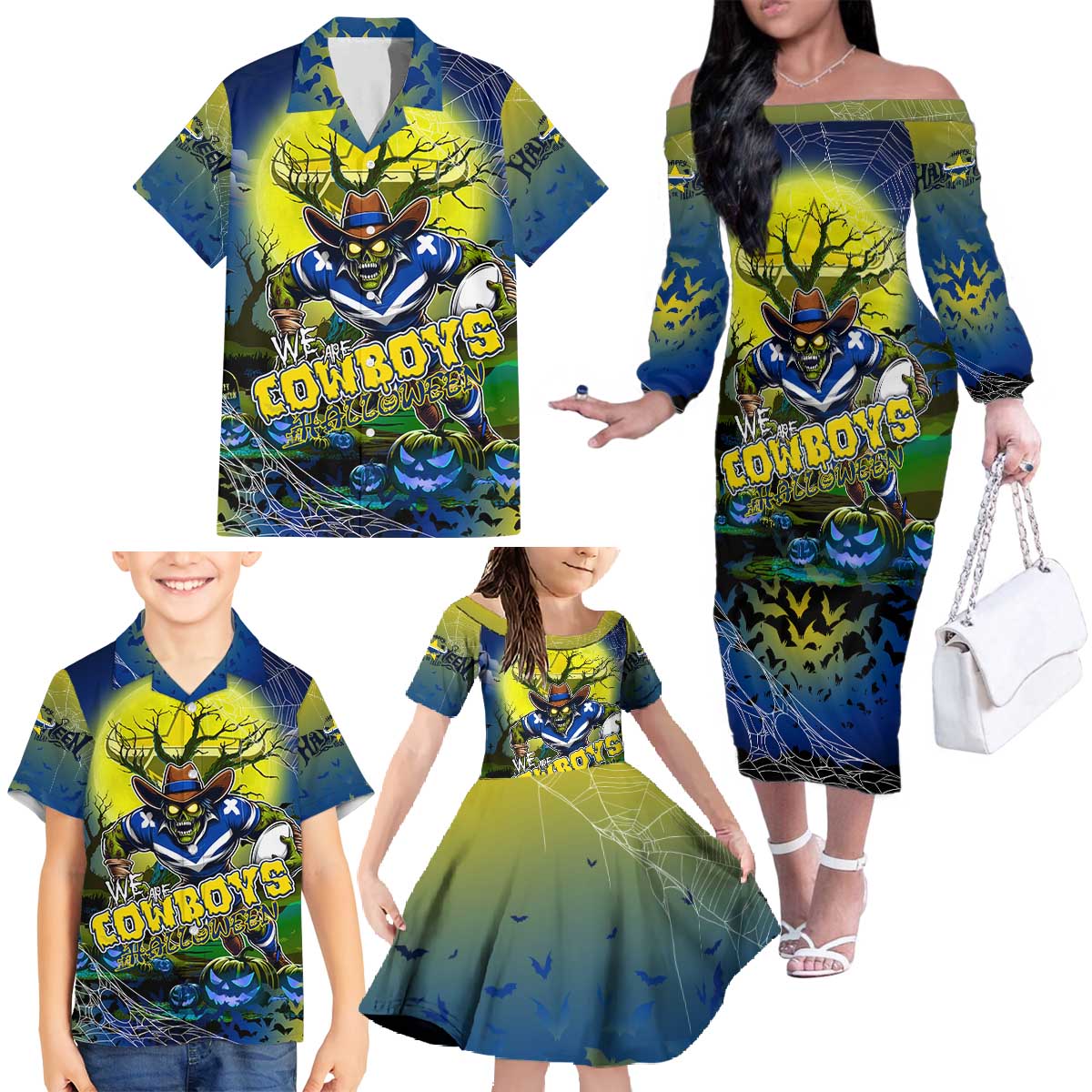 We Are Cowboys Halloween Family Matching Off The Shoulder Long Sleeve Dress and Hawaiian Shirt Pumpkin Scary Spooky Season - Aussie Hoodie