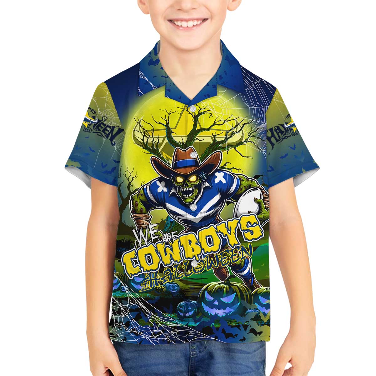 We Are Cowboys Halloween Family Matching Off The Shoulder Long Sleeve Dress and Hawaiian Shirt Pumpkin Scary Spooky Season - Aussie Hoodie