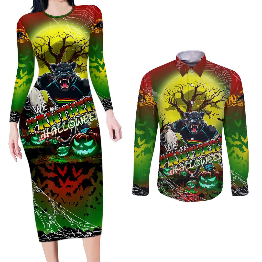 We Are Panthers Halloween Couples Matching Long Sleeve Bodycon Dress and Long Sleeve Button Shirt Pumpkin Scary Spooky Season - Aussie Hoodie