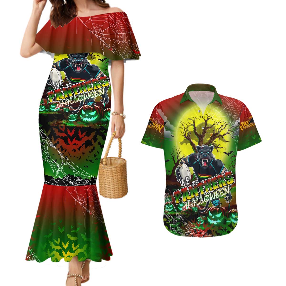 We Are Panthers Halloween Couples Matching Mermaid Dress and Hawaiian Shirt Pumpkin Scary Spooky Season - Aussie Hoodie