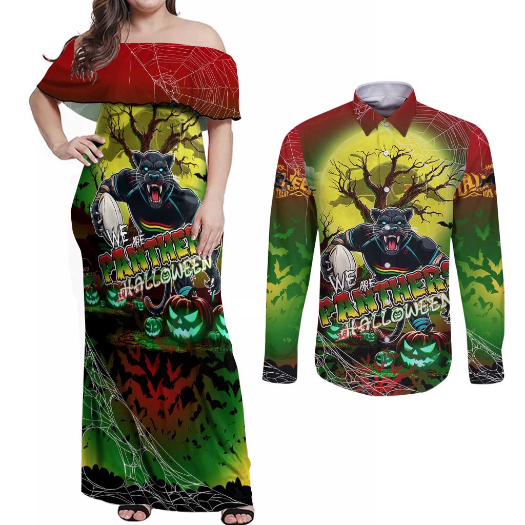 We Are Panthers Halloween Couples Matching Off Shoulder Maxi Dress and Long Sleeve Button Shirt Pumpkin Scary Spooky Season - Aussie Hoodie