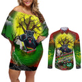 We Are Panthers Halloween Couples Matching Off Shoulder Short Dress and Long Sleeve Button Shirt Pumpkin Scary Spooky Season - Aussie Hoodie