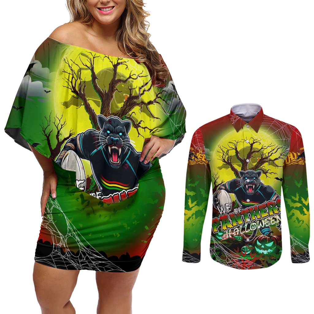We Are Panthers Halloween Couples Matching Off Shoulder Short Dress and Long Sleeve Button Shirt Pumpkin Scary Spooky Season - Aussie Hoodie