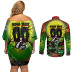 We Are Panthers Halloween Couples Matching Off Shoulder Short Dress and Long Sleeve Button Shirt Pumpkin Scary Spooky Season - Aussie Hoodie