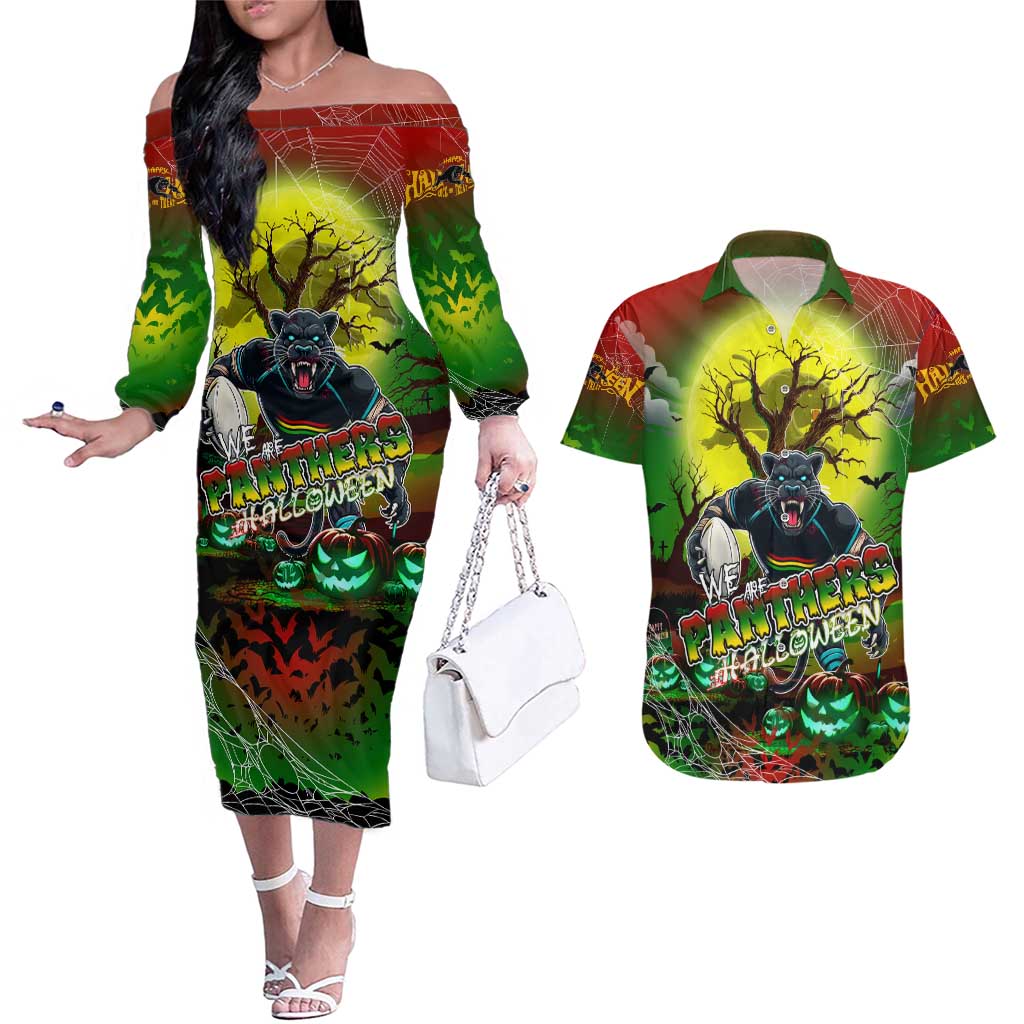 We Are Panthers Halloween Couples Matching Off The Shoulder Long Sleeve Dress and Hawaiian Shirt Pumpkin Scary Spooky Season - Aussie Hoodie