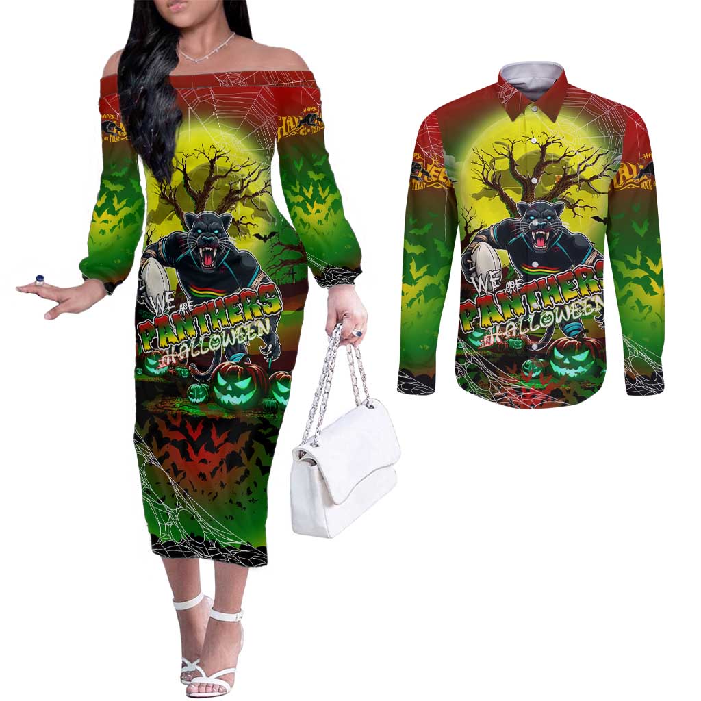 We Are Panthers Halloween Couples Matching Off The Shoulder Long Sleeve Dress and Long Sleeve Button Shirt Pumpkin Scary Spooky Season - Aussie Hoodie