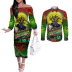 We Are Panthers Halloween Couples Matching Off The Shoulder Long Sleeve Dress and Long Sleeve Button Shirt Pumpkin Scary Spooky Season - Aussie Hoodie