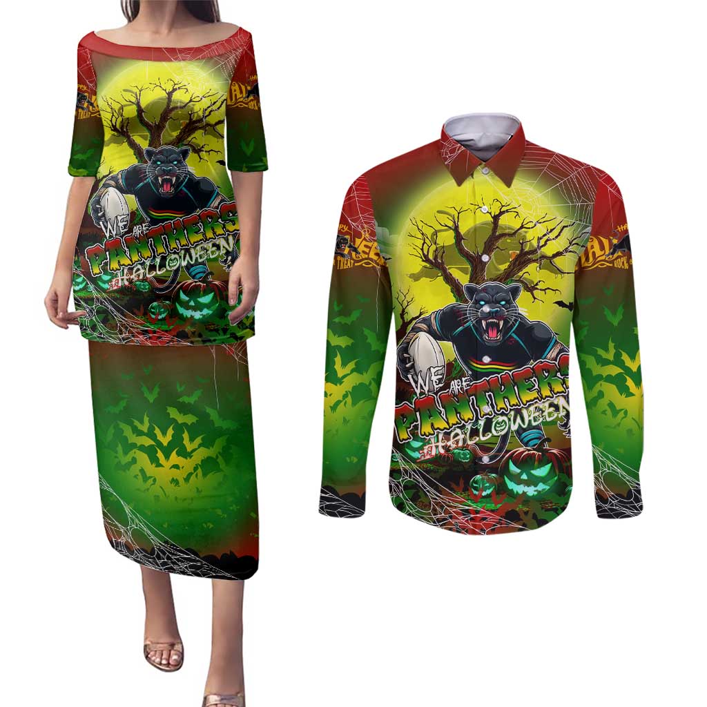 We Are Panthers Halloween Couples Matching Puletasi and Long Sleeve Button Shirt Pumpkin Scary Spooky Season - Aussie Hoodie
