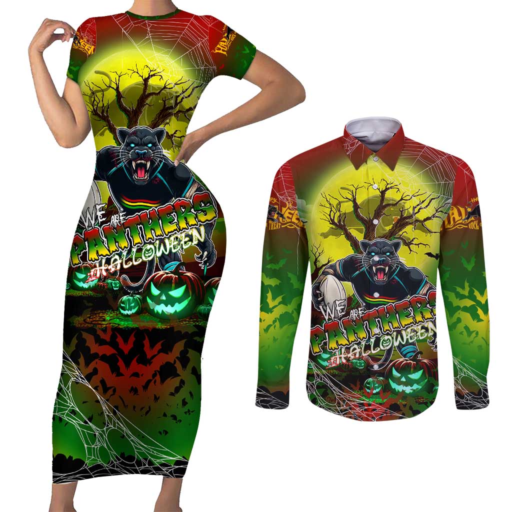 We Are Panthers Halloween Couples Matching Short Sleeve Bodycon Dress and Long Sleeve Button Shirt Pumpkin Scary Spooky Season - Aussie Hoodie