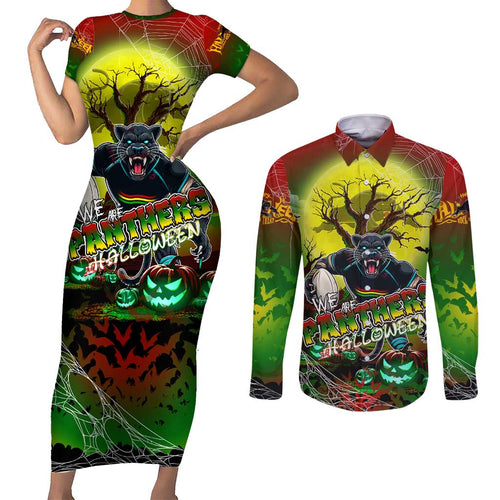 We Are Panthers Halloween Couples Matching Short Sleeve Bodycon Dress and Long Sleeve Button Shirt Pumpkin Scary Spooky Season - Aussie Hoodie