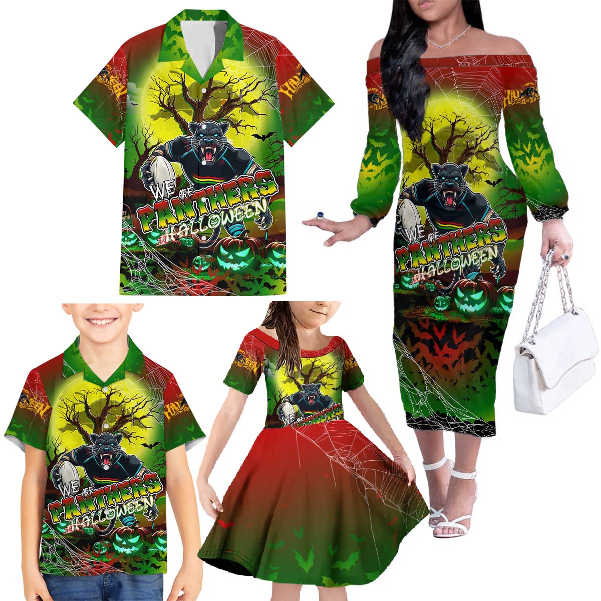 We Are Panthers Halloween Family Matching Off The Shoulder Long Sleeve Dress and Hawaiian Shirt Pumpkin Scary Spooky Season - Aussie Hoodie