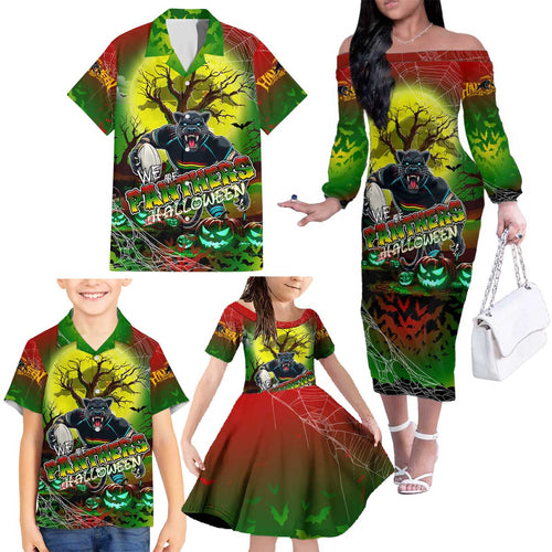 We Are Panthers Halloween Family Matching Off The Shoulder Long Sleeve Dress and Hawaiian Shirt Pumpkin Scary Spooky Season - Aussie Hoodie