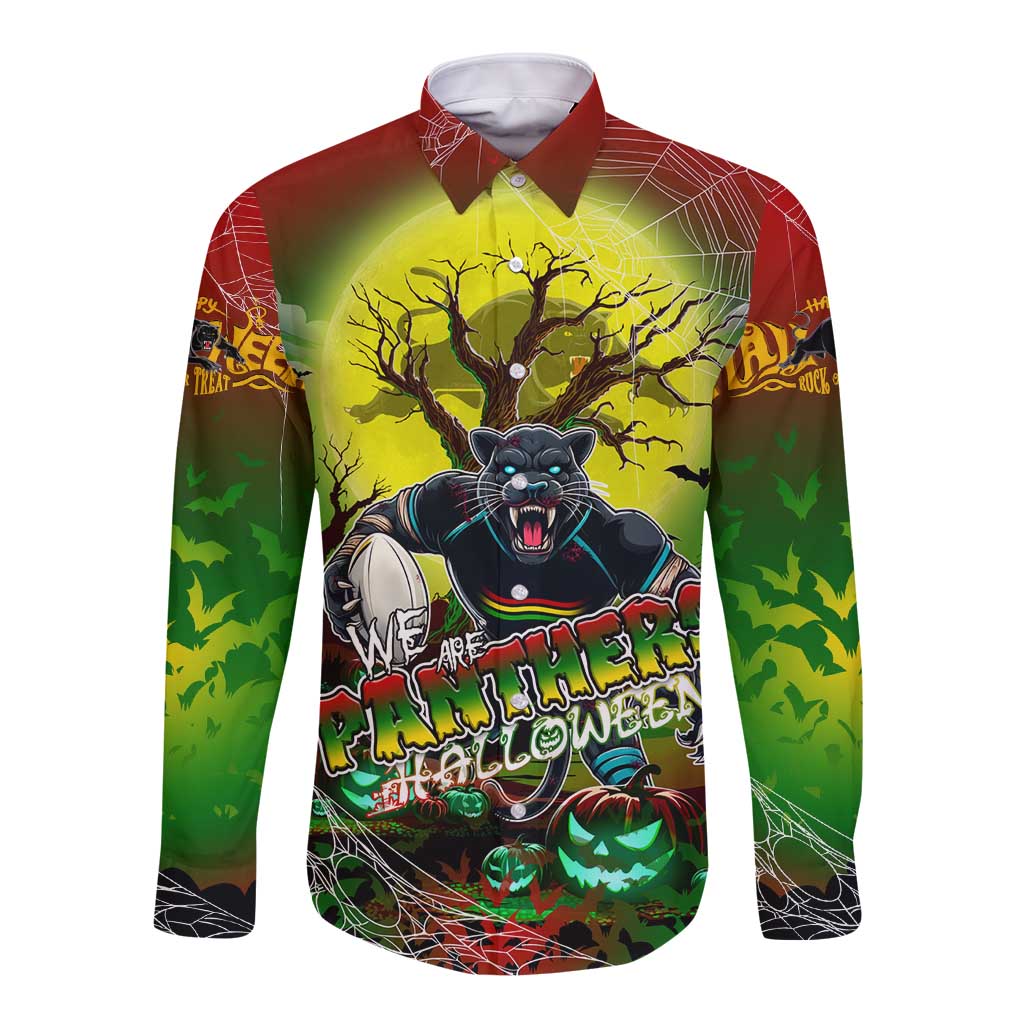 We Are Panthers Halloween Long Sleeve Button Shirt Pumpkin Scary Spooky Season - Aussie Hoodie