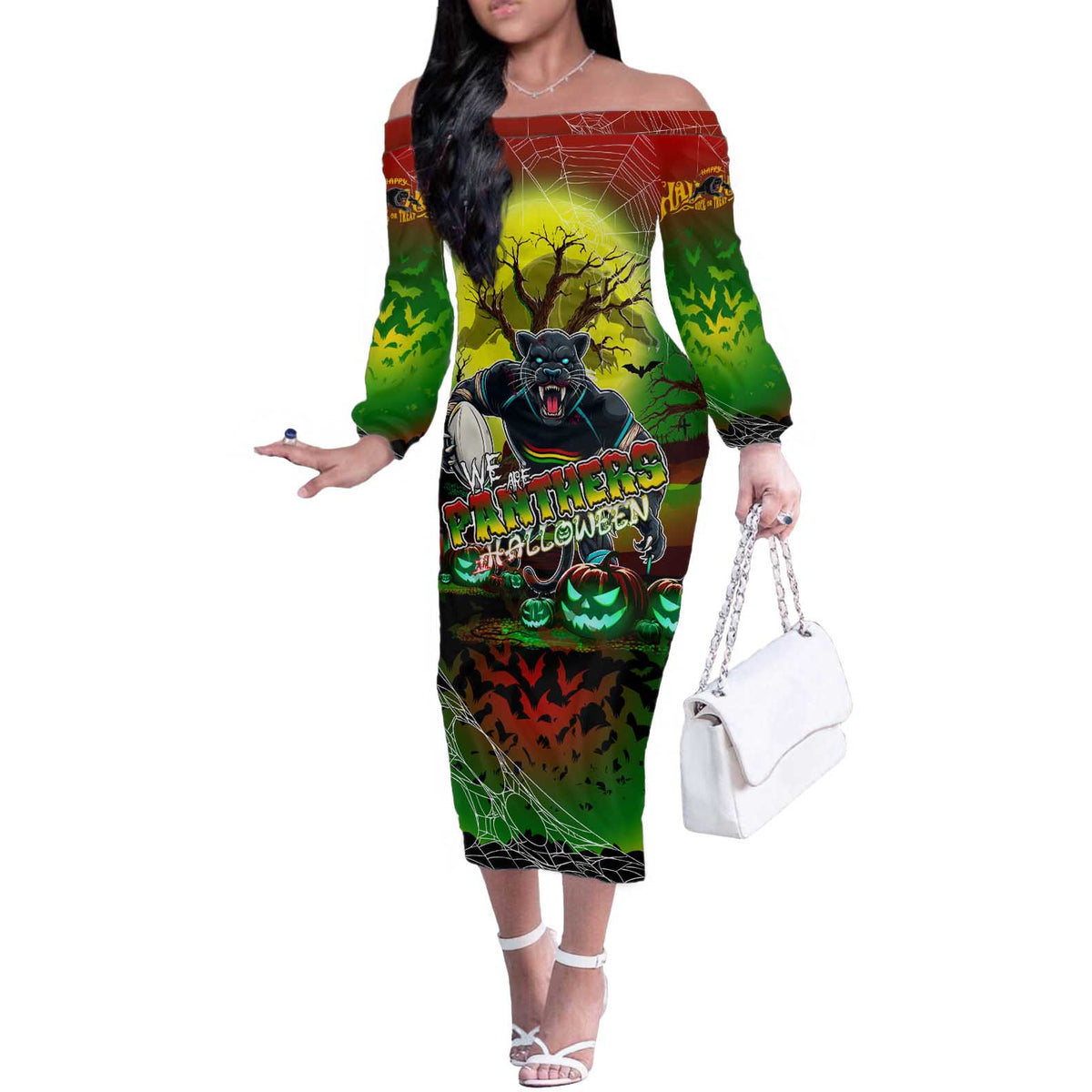 We Are Panthers Halloween Off The Shoulder Long Sleeve Dress Pumpkin Scary Spooky Season - Aussie Hoodie