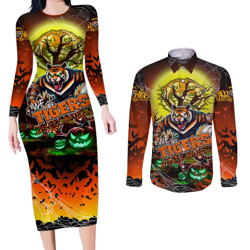 We Are Tigers Halloween Couples Matching Long Sleeve Bodycon Dress and Long Sleeve Button Shirt Pumpkin Scary Spooky Season - Aussie Hoodie
