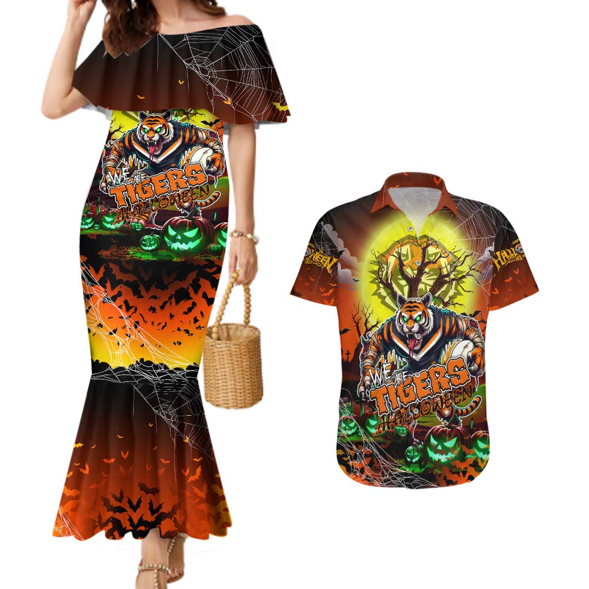 We Are Tigers Halloween Couples Matching Mermaid Dress and Hawaiian Shirt Pumpkin Scary Spooky Season - Aussie Hoodie