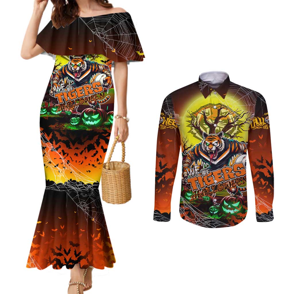We Are Tigers Halloween Couples Matching Mermaid Dress and Long Sleeve Button Shirt Pumpkin Scary Spooky Season - Aussie Hoodie