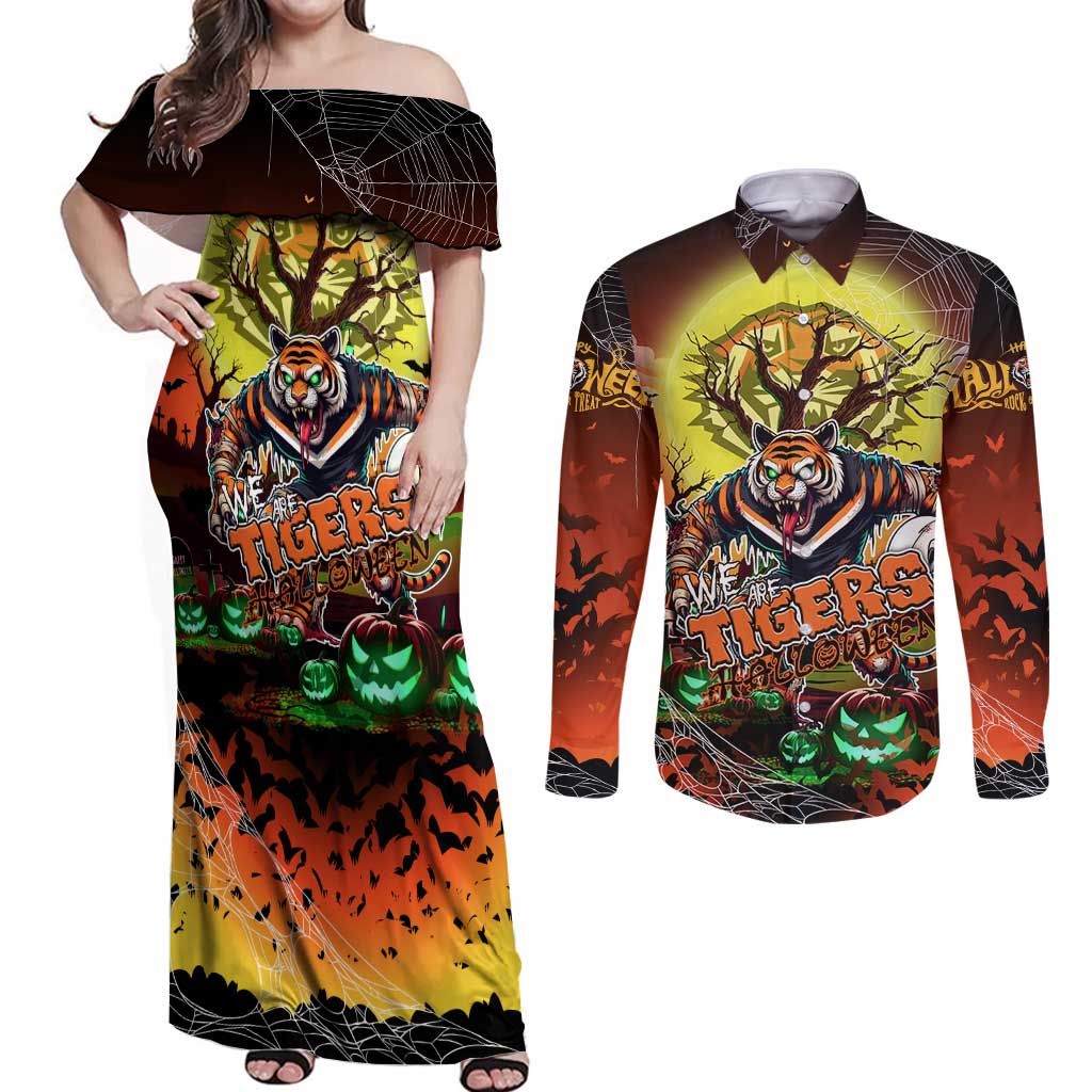We Are Tigers Halloween Couples Matching Off Shoulder Maxi Dress and Long Sleeve Button Shirt Pumpkin Scary Spooky Season - Aussie Hoodie