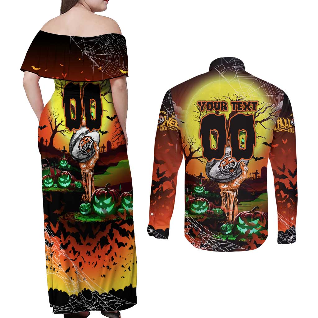 We Are Tigers Halloween Couples Matching Off Shoulder Maxi Dress and Long Sleeve Button Shirt Pumpkin Scary Spooky Season - Aussie Hoodie