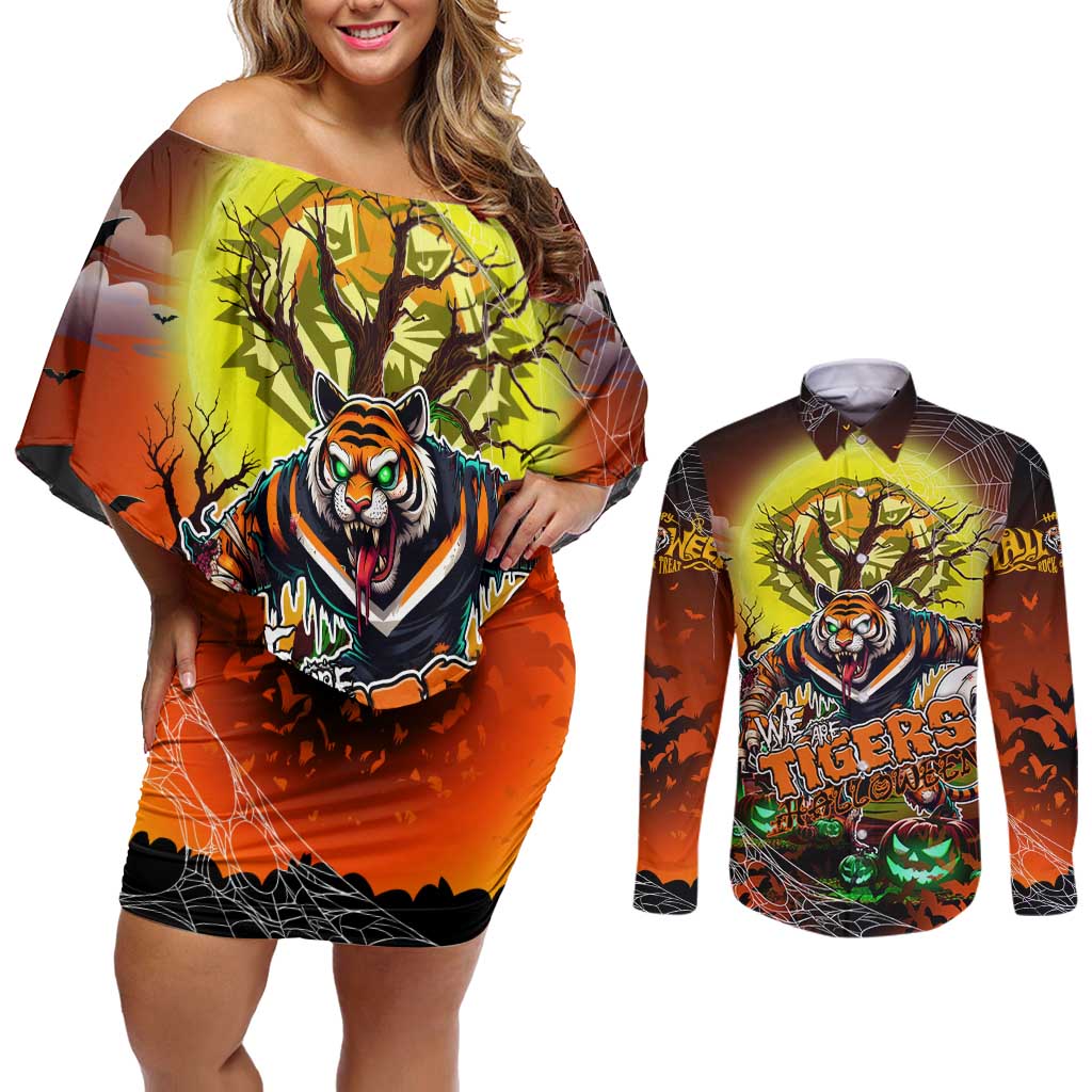 We Are Tigers Halloween Couples Matching Off Shoulder Short Dress and Long Sleeve Button Shirt Pumpkin Scary Spooky Season - Aussie Hoodie