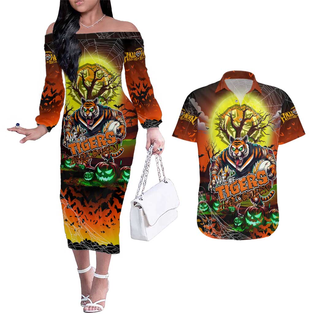 We Are Tigers Halloween Couples Matching Off The Shoulder Long Sleeve Dress and Hawaiian Shirt Pumpkin Scary Spooky Season - Aussie Hoodie