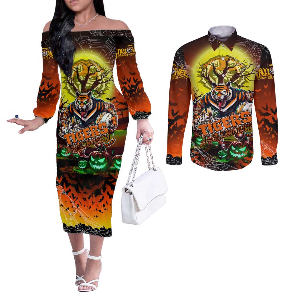 We Are Tigers Halloween Couples Matching Off The Shoulder Long Sleeve Dress and Long Sleeve Button Shirt Pumpkin Scary Spooky Season - Aussie Hoodie