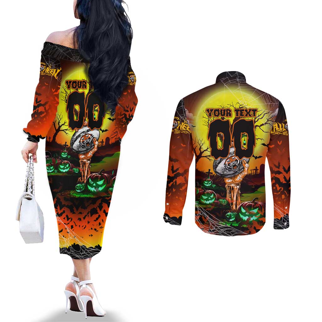 We Are Tigers Halloween Couples Matching Off The Shoulder Long Sleeve Dress and Long Sleeve Button Shirt Pumpkin Scary Spooky Season - Aussie Hoodie