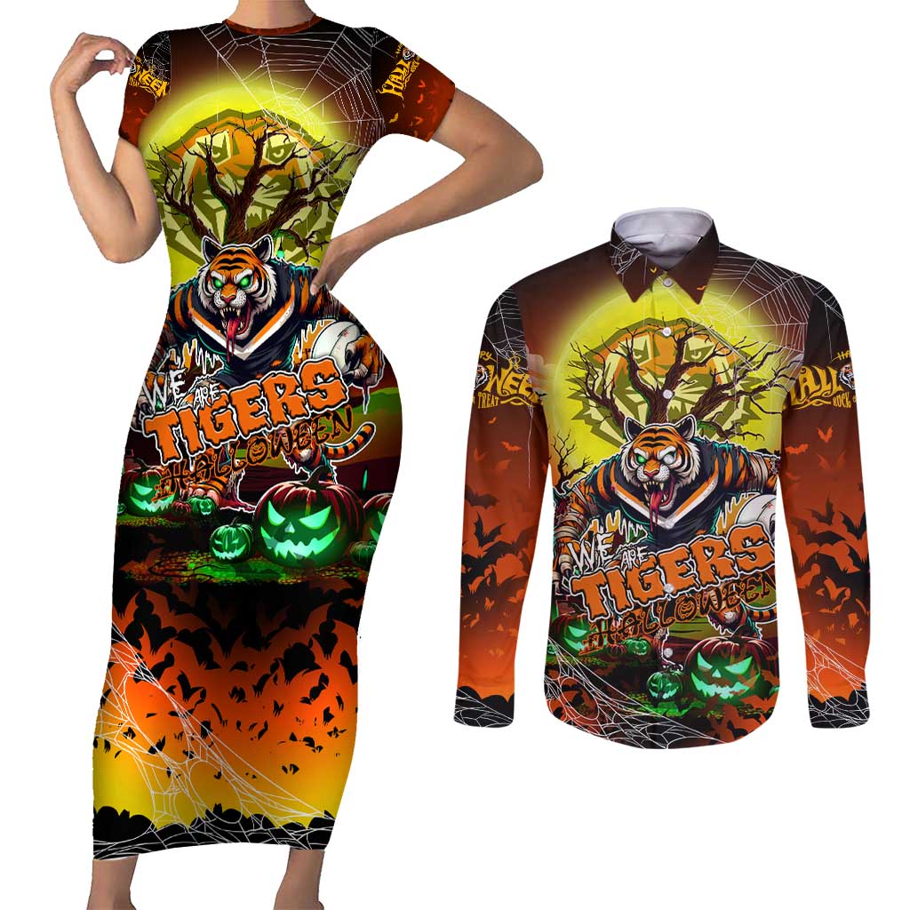 We Are Tigers Halloween Couples Matching Short Sleeve Bodycon Dress and Long Sleeve Button Shirt Pumpkin Scary Spooky Season - Aussie Hoodie