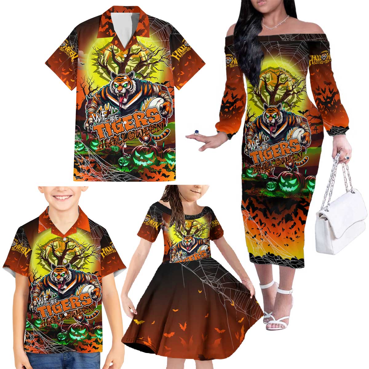 We Are Tigers Halloween Family Matching Off The Shoulder Long Sleeve Dress and Hawaiian Shirt Pumpkin Scary Spooky Season - Aussie Hoodie