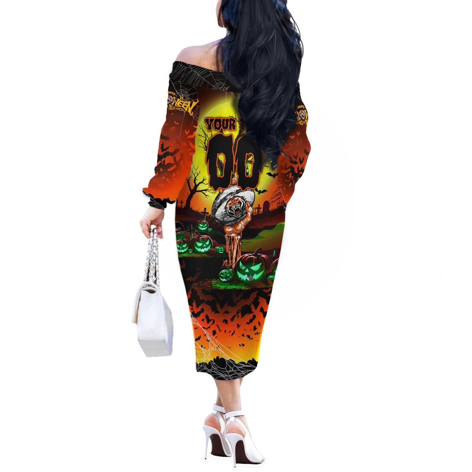 We Are Tigers Halloween Off The Shoulder Long Sleeve Dress Pumpkin Scary Spooky Season - Aussie Hoodie