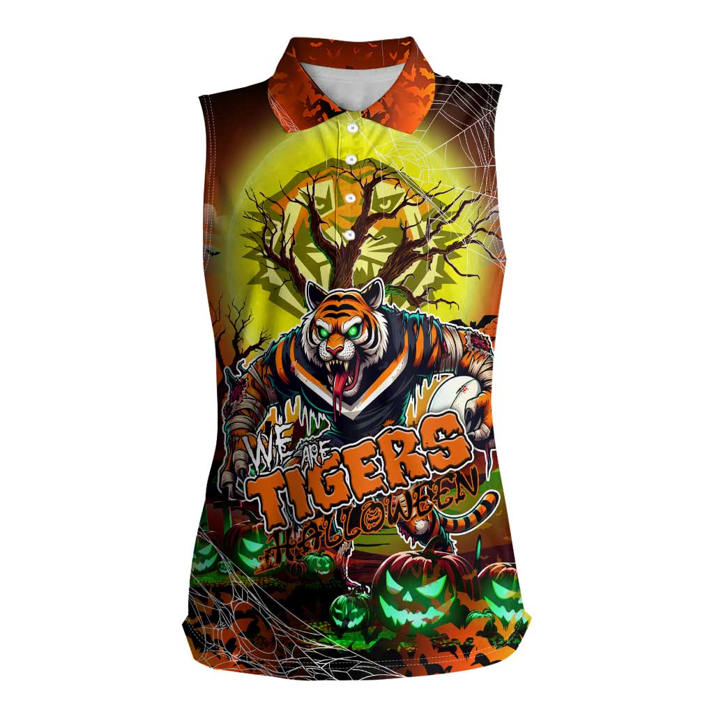 We Are Tigers Halloween Women Sleeveless Polo Shirt Pumpkin Scary Spooky Season - Aussie Hoodie