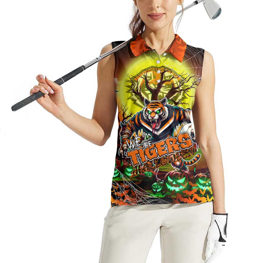 We Are Tigers Halloween Women Sleeveless Polo Shirt Pumpkin Scary Spooky Season - Aussie Hoodie