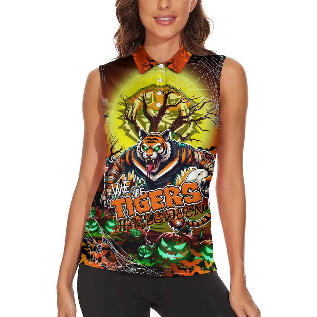 We Are Tigers Halloween Women Sleeveless Polo Shirt Pumpkin Scary Spooky Season - Aussie Hoodie