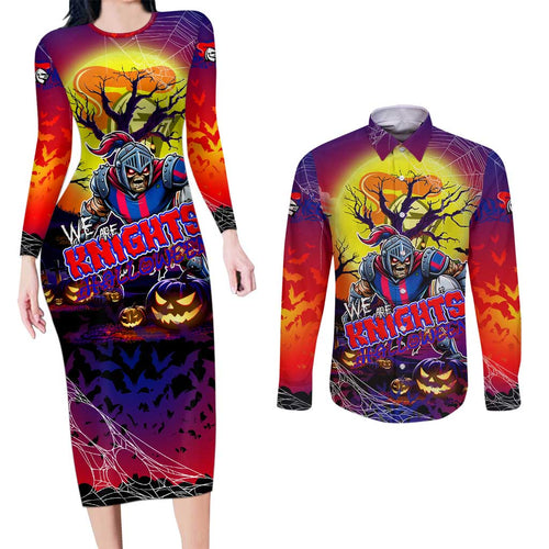 We Are Knights Halloween Couples Matching Long Sleeve Bodycon Dress and Long Sleeve Button Shirt Pumpkin Scary Spooky Season - Aussie Hoodie