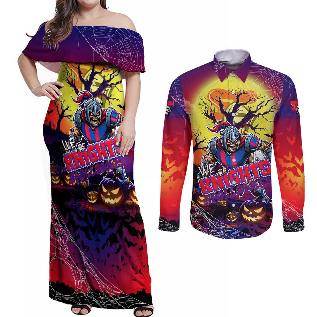 We Are Knights Halloween Couples Matching Off Shoulder Maxi Dress and Long Sleeve Button Shirt Pumpkin Scary Spooky Season - Aussie Hoodie