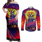 We Are Knights Halloween Couples Matching Off Shoulder Maxi Dress and Long Sleeve Button Shirt Pumpkin Scary Spooky Season - Aussie Hoodie