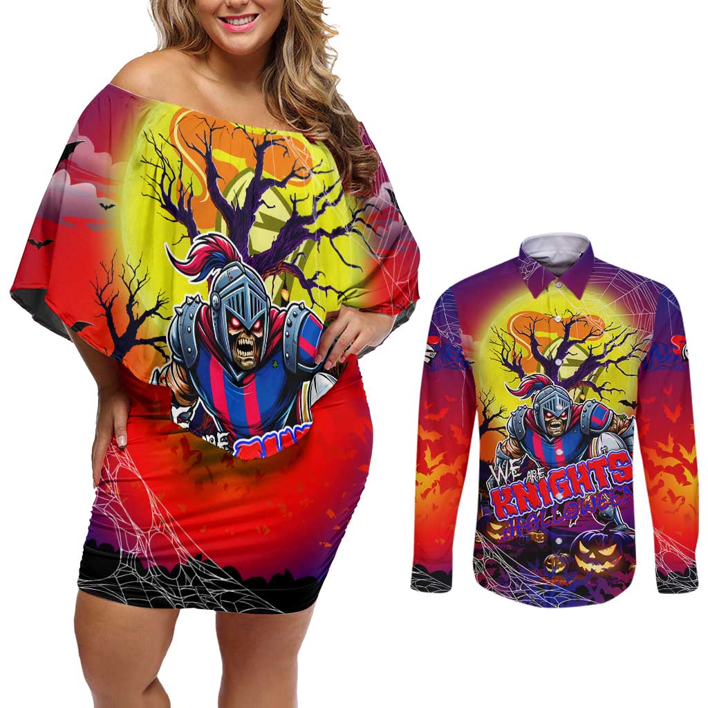 We Are Knights Halloween Couples Matching Off Shoulder Short Dress and Long Sleeve Button Shirt Pumpkin Scary Spooky Season - Aussie Hoodie