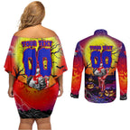 We Are Knights Halloween Couples Matching Off Shoulder Short Dress and Long Sleeve Button Shirt Pumpkin Scary Spooky Season - Aussie Hoodie