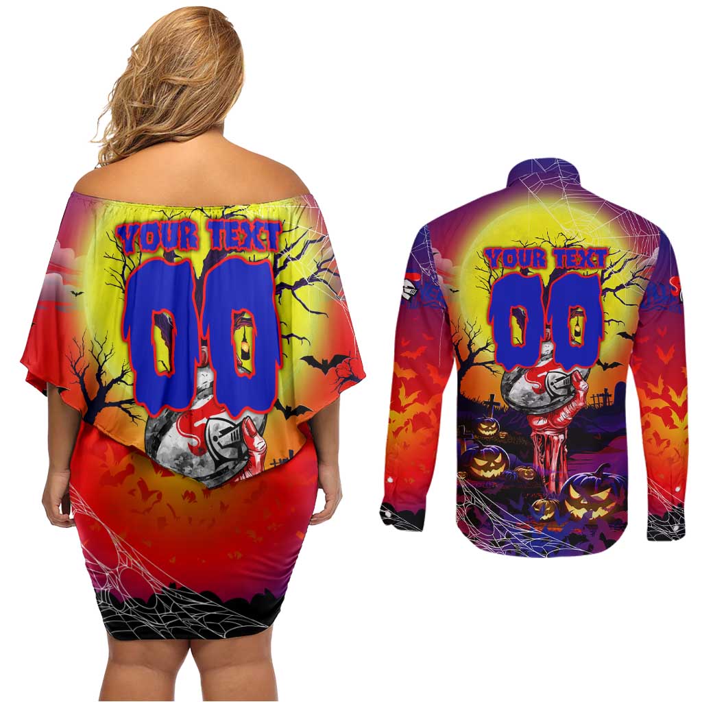 We Are Knights Halloween Couples Matching Off Shoulder Short Dress and Long Sleeve Button Shirt Pumpkin Scary Spooky Season - Aussie Hoodie