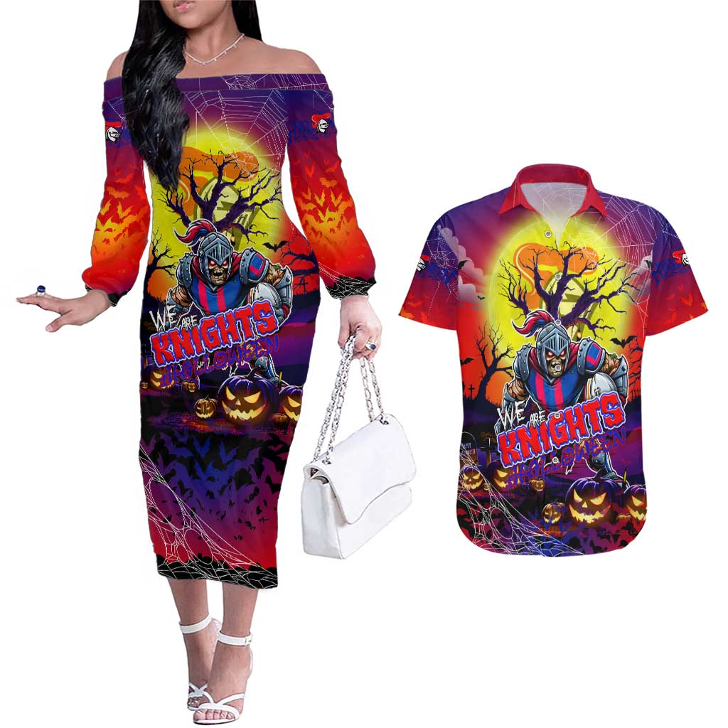 We Are Knights Halloween Couples Matching Off The Shoulder Long Sleeve Dress and Hawaiian Shirt Pumpkin Scary Spooky Season - Aussie Hoodie
