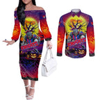 We Are Knights Halloween Couples Matching Off The Shoulder Long Sleeve Dress and Long Sleeve Button Shirt Pumpkin Scary Spooky Season - Aussie Hoodie