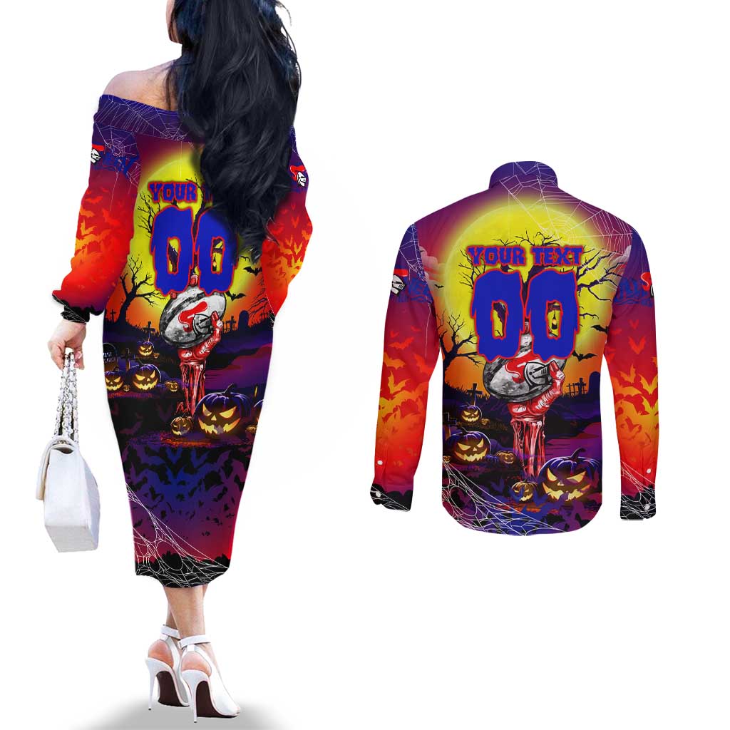 We Are Knights Halloween Couples Matching Off The Shoulder Long Sleeve Dress and Long Sleeve Button Shirt Pumpkin Scary Spooky Season - Aussie Hoodie