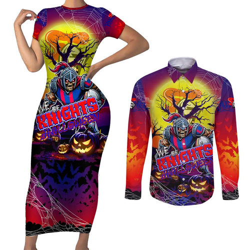 We Are Knights Halloween Couples Matching Short Sleeve Bodycon Dress and Long Sleeve Button Shirt Pumpkin Scary Spooky Season - Aussie Hoodie