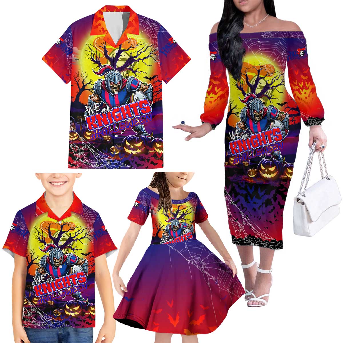 We Are Knights Halloween Family Matching Off The Shoulder Long Sleeve Dress and Hawaiian Shirt Pumpkin Scary Spooky Season - Aussie Hoodie