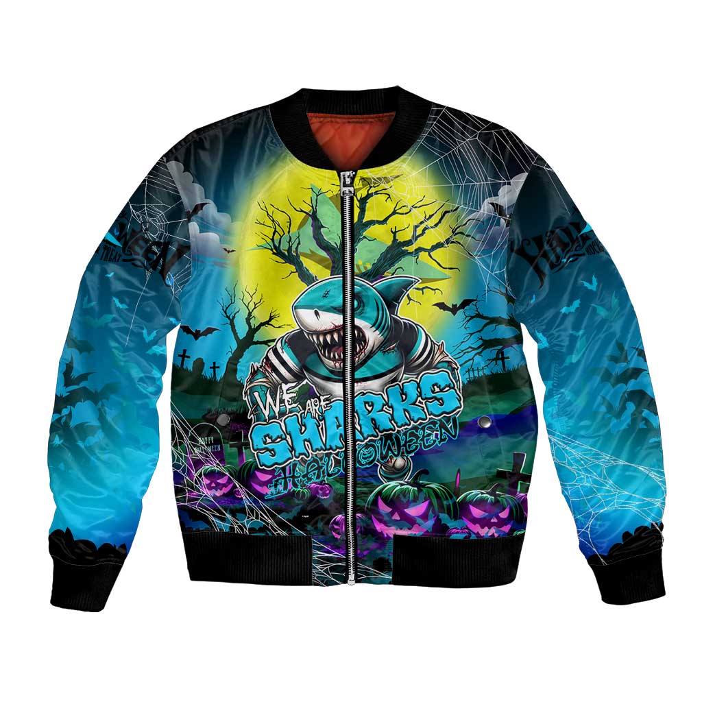 We Are Sharks Halloween Bomber Jacket Pumpkin Scary Spooky Season - Aussie Hoodie