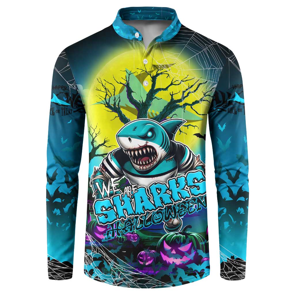 We Are Sharks Halloween Button Sweatshirt Pumpkin Scary Spooky Season - Aussie Hoodie