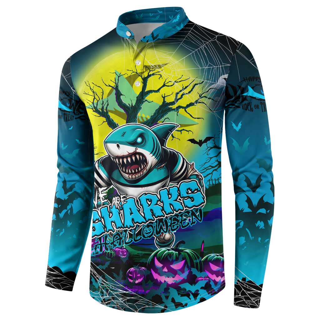 We Are Sharks Halloween Button Sweatshirt Pumpkin Scary Spooky Season - Aussie Hoodie